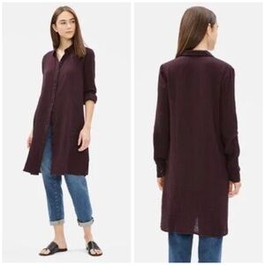Eileen Fisher Purple Crinkle Button-Up Long Sleeve Organic Cotton T-Shirt Dress